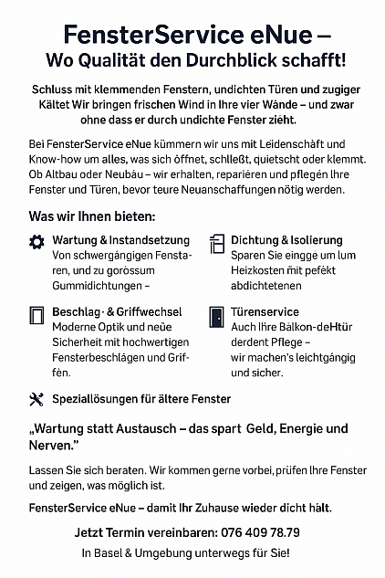 FensterService e.NUE – Wartung & Instandsetzung von Fenstern und Türen